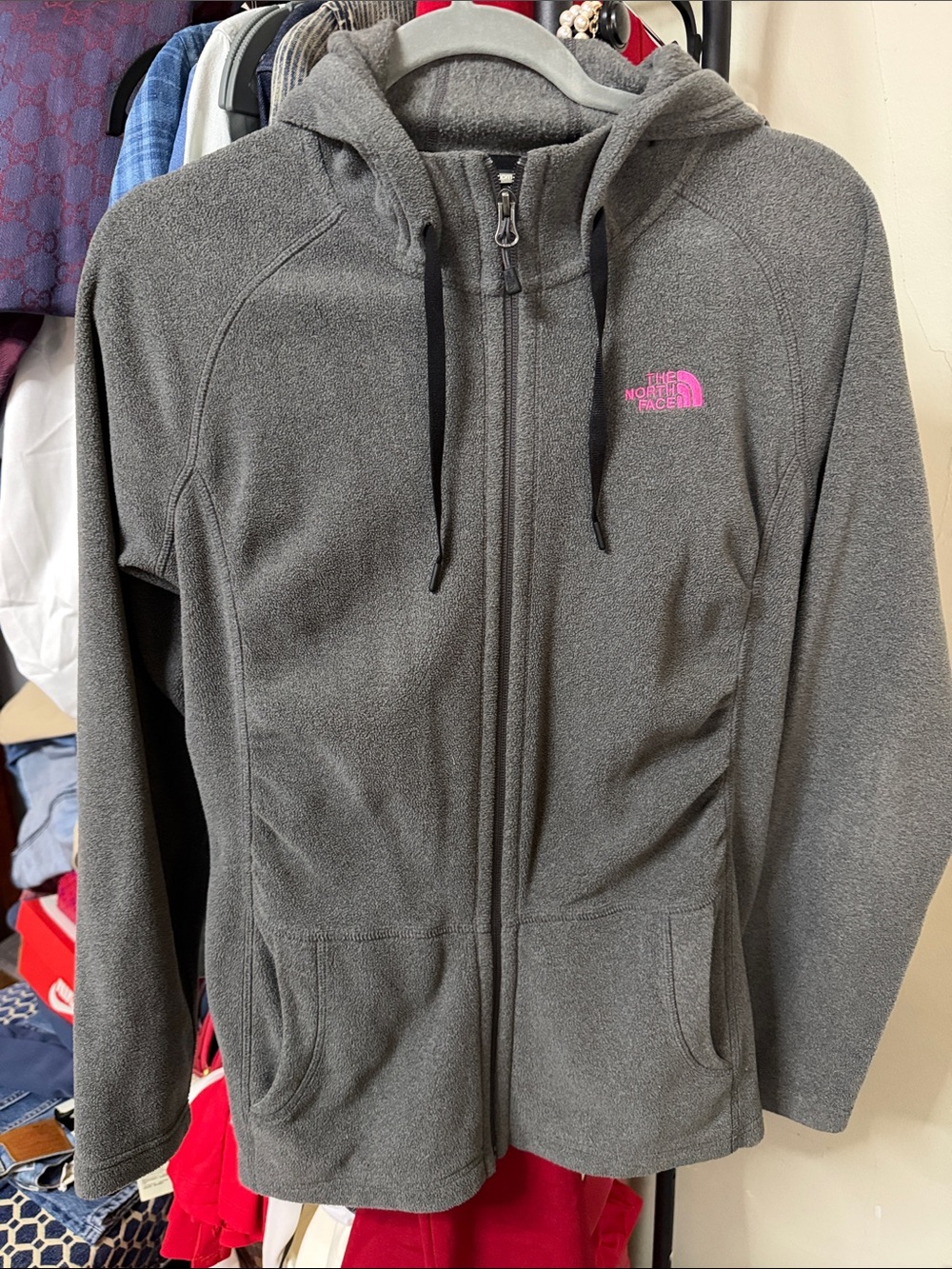 The North Face Charcoal Gray Fleece Hoodie with Pink Logo